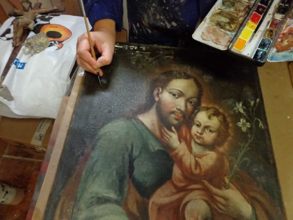 Óleo sobre lienzo de San José con el Niño Jesús